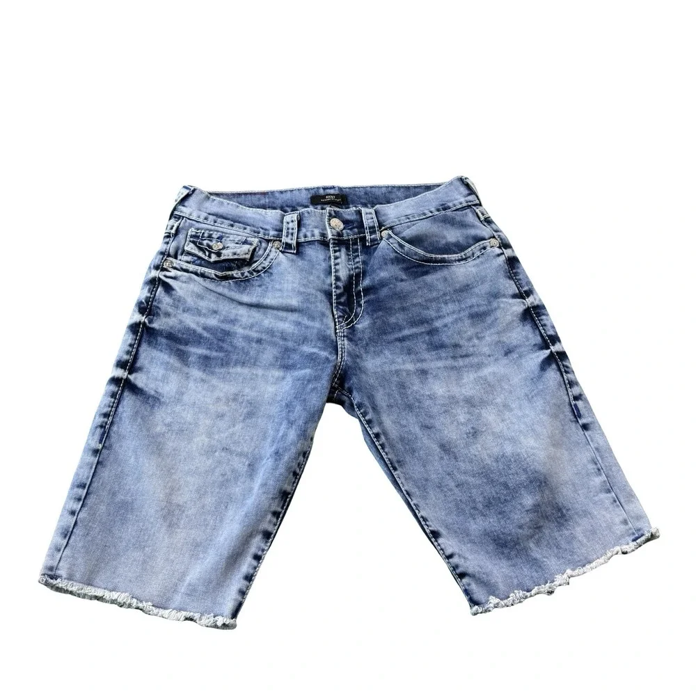 True Religion Ricky Relaxed Straight Acid Wash Cutoff Denim Shorts Mens 32